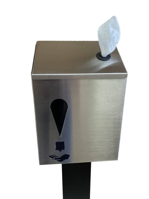 Box and dispenser for hand sanitizing station